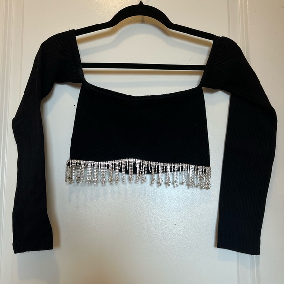ZARA Off The Shoulder Black Rhinestone Seamless Crop Top Long Sleeve Size S!! - Picture 7 of 16